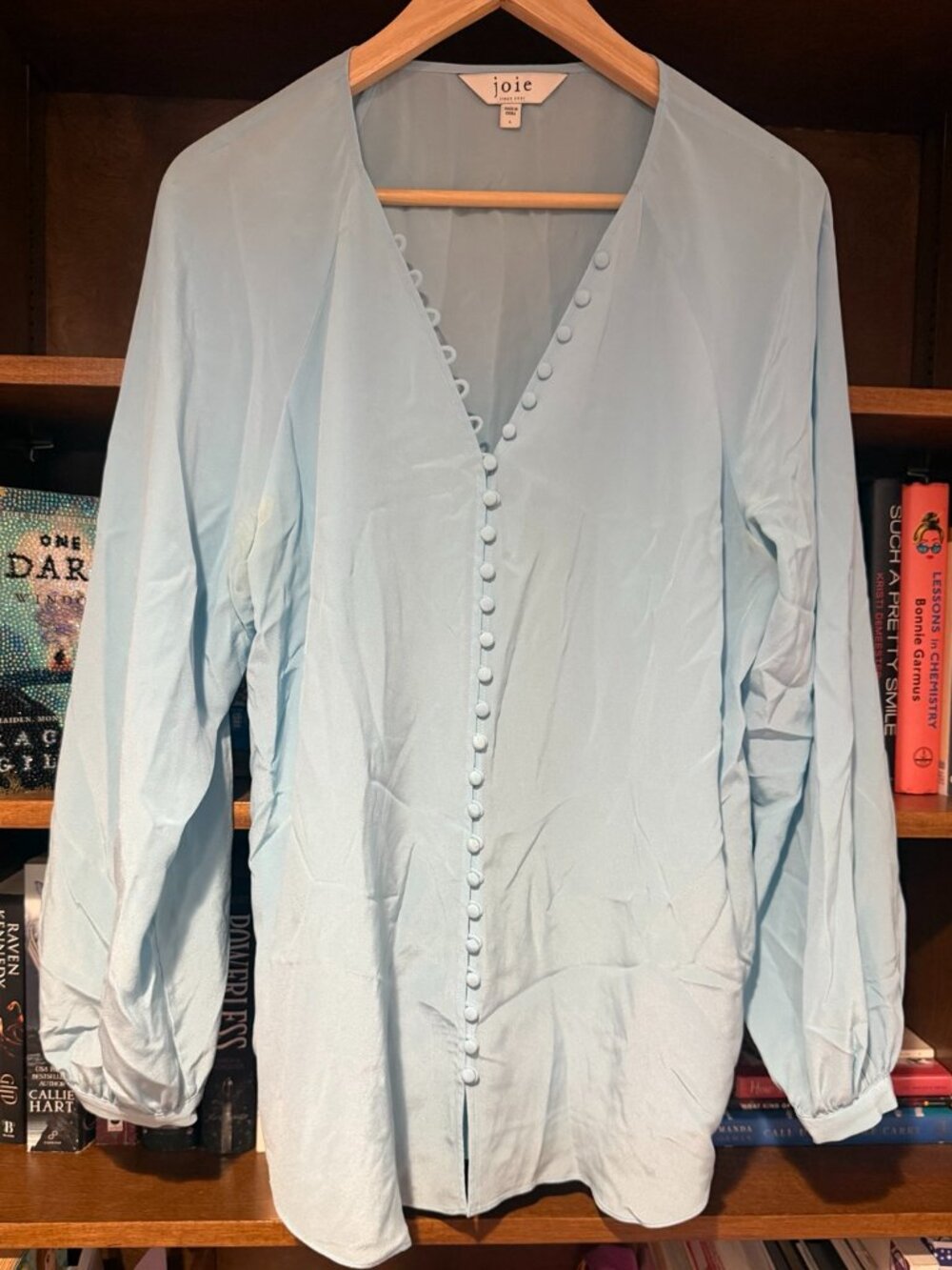Joie 100% Silk Light Blue Button Front Long Sleeve Blouse Size XL